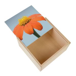 Boîte cadeau Boite Coffret en Bois - Fleur Orange aux Pistils Jaunes sur Fond Bleu Clair Nature  (11 x 11 x 3,5 cm)