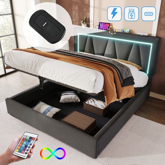 Cadre De Lit KEFSR Avec Tête De Lit LED Capitonnée – 160x200cm – Charge USB Et Rangements Intégrés