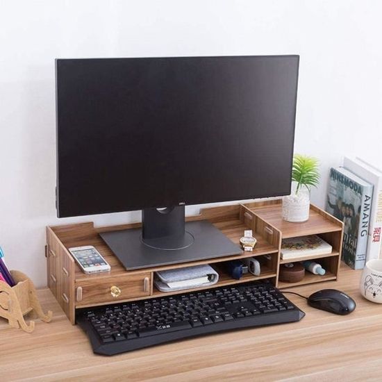 Support Moniteur En Bois Avec Tiroir - Organisateur Bureau Pour écran PC, Téléphone, Stylos - 6
