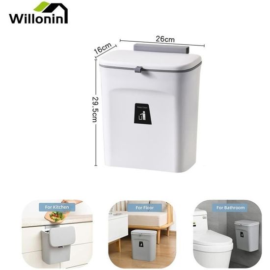 Poubelle Murale Suspendue Avec Couvercle 7L - Blanche/verte, Pour Cuisine, Salle De Bain, Camping-car Ou Camping