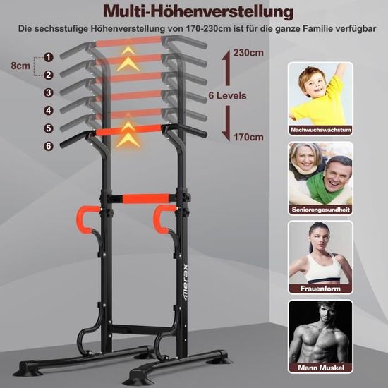 Power Tower Station De Traction Réglable - Support 181 Kg, 11 Hauteurs (160-215 Cm) - Pour Tractions, Dips, Pompes - Salle De Sport Maison