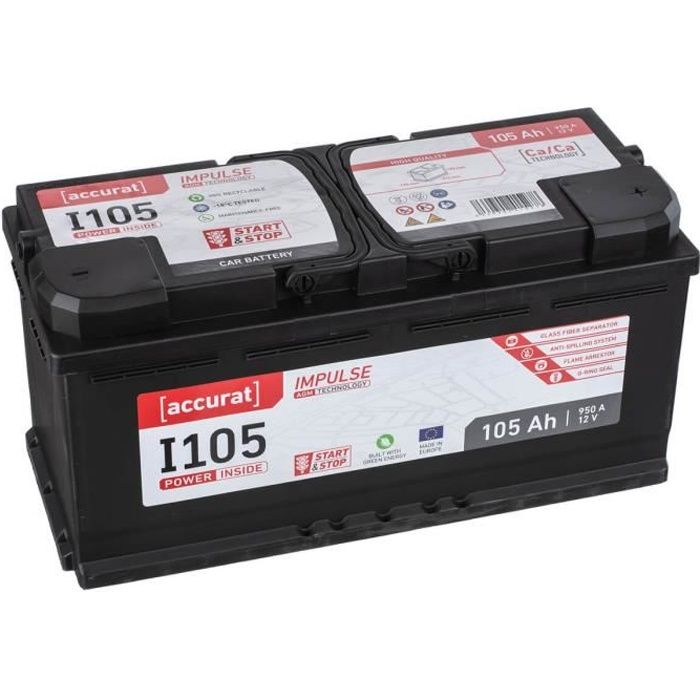 Accurat 12 V Batterie Auto 105Ah 950A AGM (+ droit) B13 voiture 392 x 175 x 190 mm