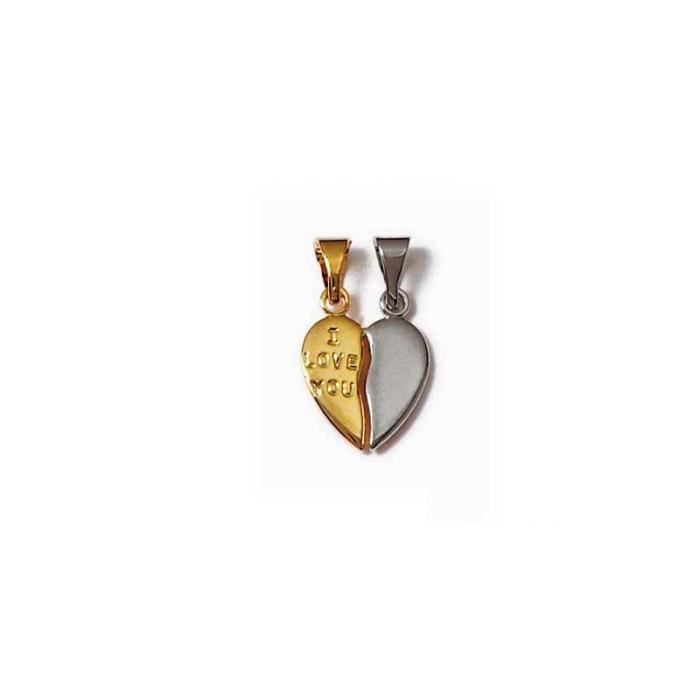 PENDENTIF petit COEUR I LOVE YOU Bicolore à Partager Plaqué OR - Ce joli bijou de qualité bijouterie