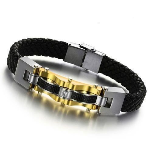 Bracelet cuir tressé noir et acier Gourmette Bijoux Homme - Acier Inoxydable / Argent--doré-Noir carbone / Design Tendance - 22 cm