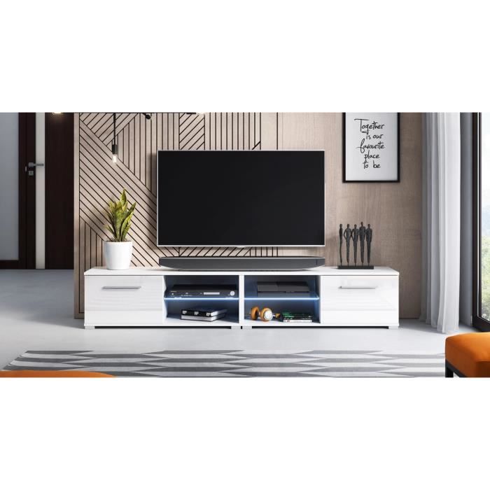Décoro Décoro Meuble TV design MAGNUM (200 cm) couleur blanc et blanc brillant avec l'éclairage à la LED.