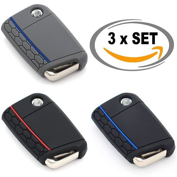 Jeu de 3 clefs pour étui en silicone pour clé de voiture -Finest-Folia- (Bleu gris, Noir rouge, Noir bleu)