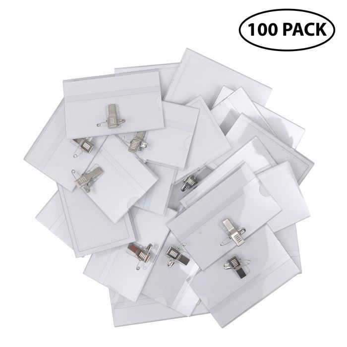 Badges Porte Nom (Lot de 100) - 9 cm x 5,7 cm, Protège Carte Vinyle Transparent Porte Badge Horizontal avec Épingle à Nourrice et Cl