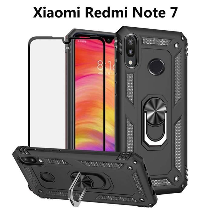 Coque Xiaomi Redmi Note7 Coque avec Anneau Support Armure Housse Noir + HD Verre Trempé Xiaomi Redmi Note 7
