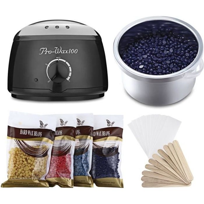 Epilation Cire Appareil Cire Machine WAX 500ml Pot EU Noir 4 Cires + 10 Papiers cirés + 10 Bâton