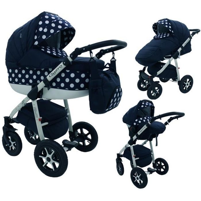 QUERO Poussette - Landau 3en1 Combinée avec siège auto, ROUES PIVOTANTES - Bleu foncé avec des points