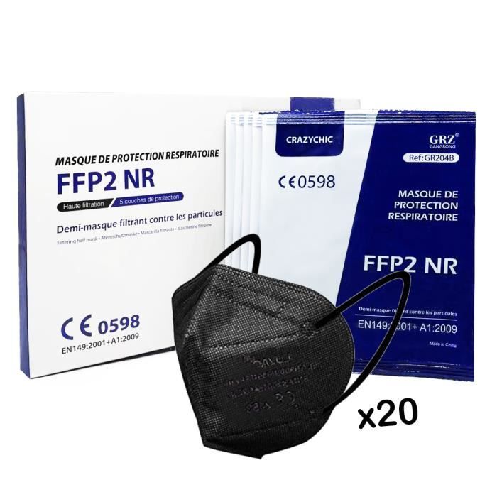 CRAZYCHIC - x20 Masques FFP2 NR Certifié Norme CE EN149 - Protection Respiratoire - Haute Filtration - Boîte 10 pièces Noir