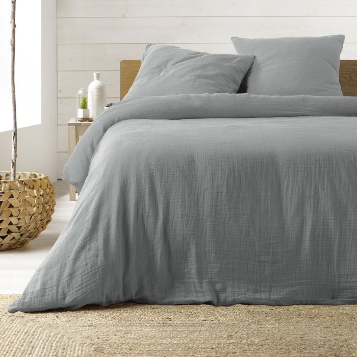 PARURE DE LIT 3 PIECES 260 x 240 CM DOUBLE GAZE COTON UNI 57 FILS ANGELIA GRIS