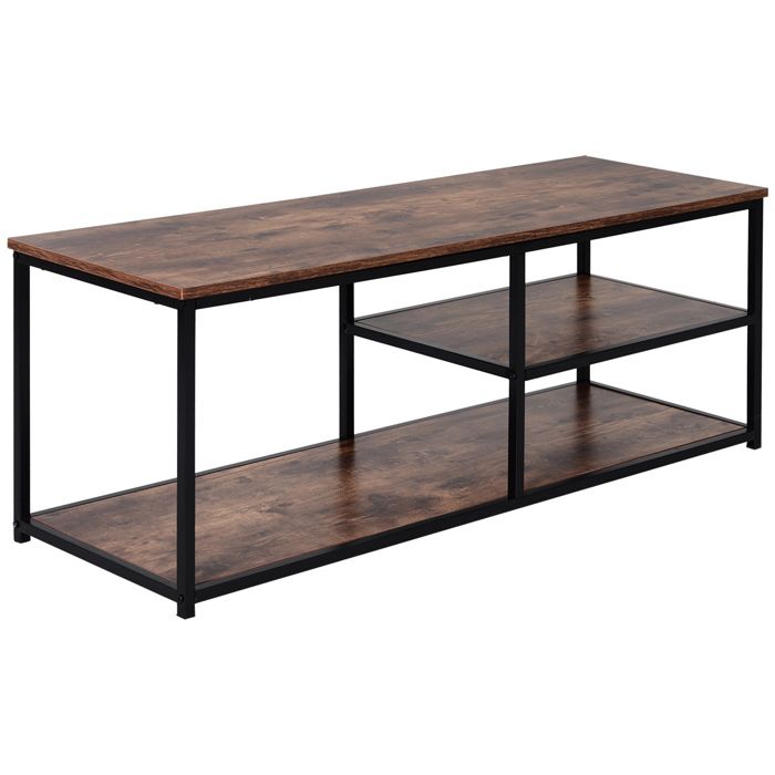 Meuble TV design industriel dim. 120L x 40l x 45H cm grand plateau 2 étagères panneaux particules coloris boisé métal noir