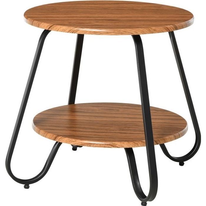 Table basse table d'appoint guéridon bout de canapé design néo-rétro 2 niveaux panneaux particules bois noyer métal noir 50x50x46cm