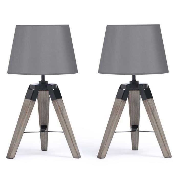 ID MARKET - Lot de 2 lampes de chevet d'appoint HILDA sur pied en bois foncé grises