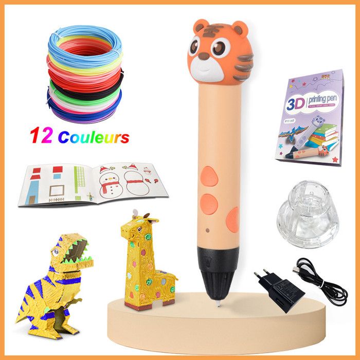 Stylo 3D Enfant professionnel avec 12 couleurs de Filament PLA 1.75mm 36M, avec Livre de Dessin 3D et Support - Orange