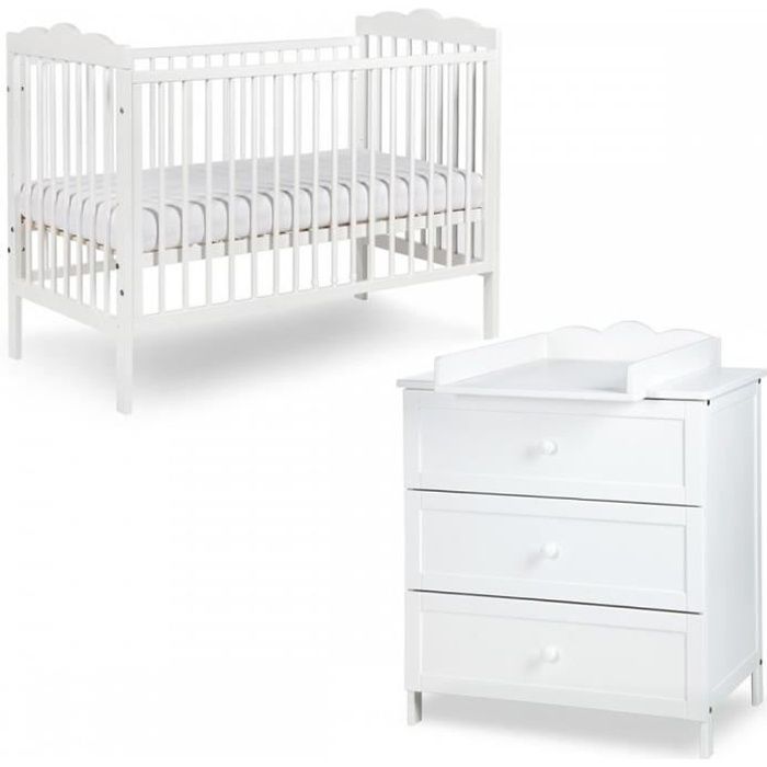 RADEK III Chambre bébé commode à langer et lit en bois Blanc 120x60 cm