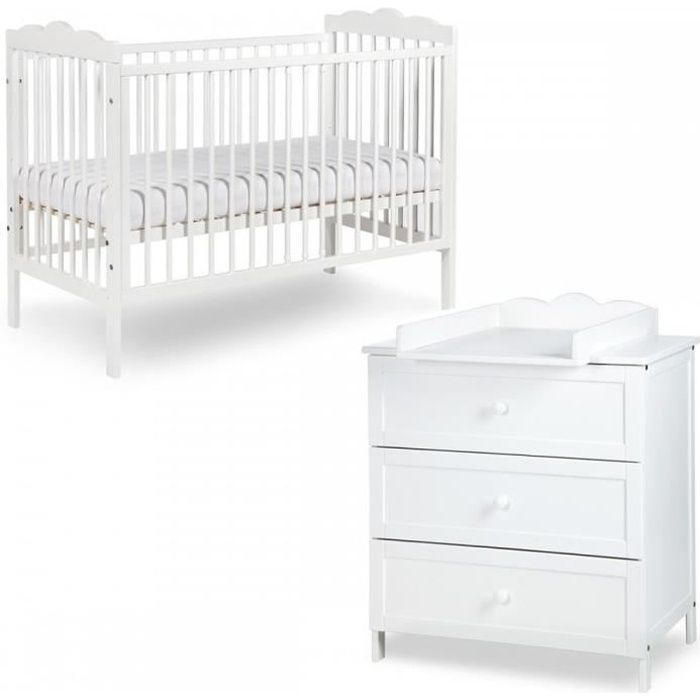 RADEK III Chambre bébé commode à langer et lit en bois Blanc 120x60 cm