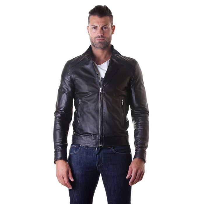 Blouson cuir noir veste moto surpiqures aux épaules cuir plongé