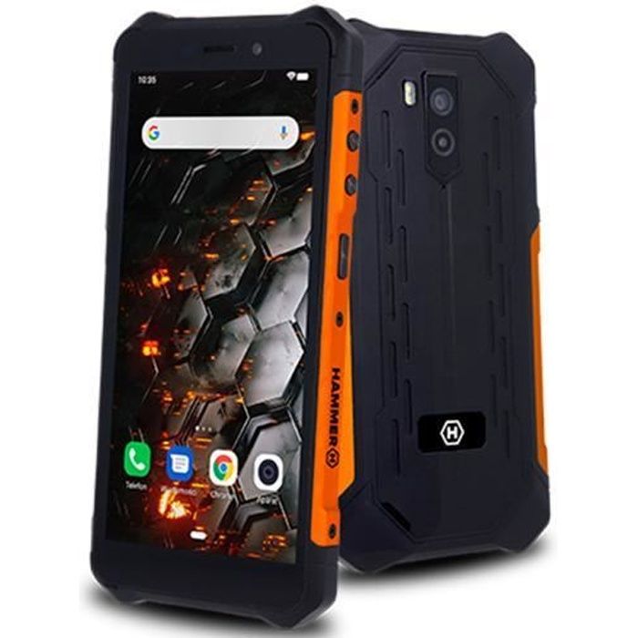 Téléphone portable MYPHONE HAMMER IRON 3 aux accents noir et orange, étanche IP68, résistant à la poussière et aux chocs, écran IPS