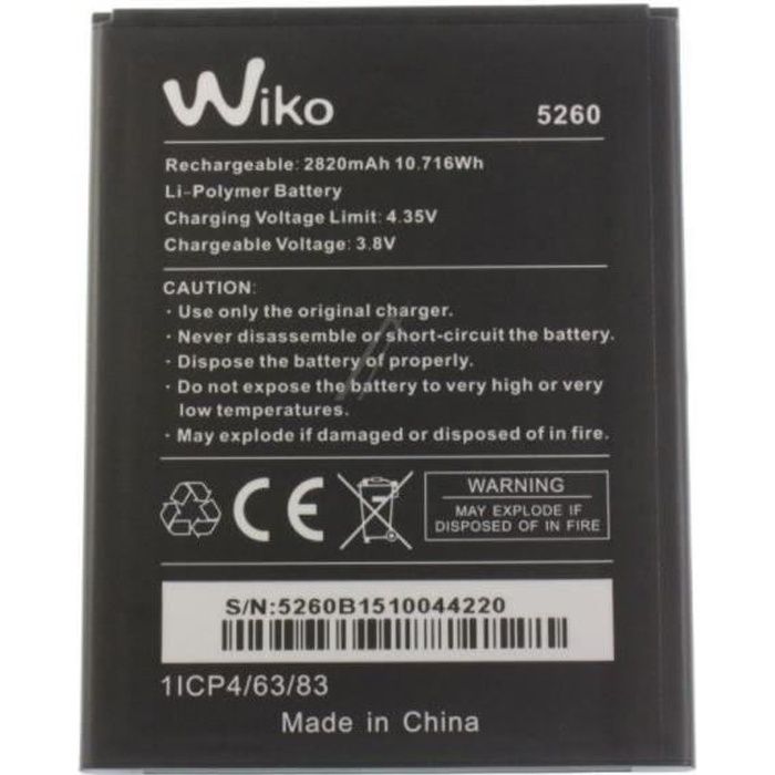 ORIGINAL Batterie Wiko type 5260 2820mAh 10,716Wh 3,8V pour Wiko Ridge FAB 4G et Wiko PULP FAB 4G