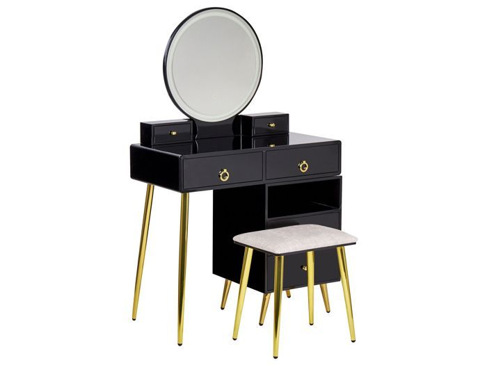 Coiffeuse avec miroir à LED et tabouret noir et doré YVES Coiffeuse avec miroir à LED et tabouret noir et doré YVES