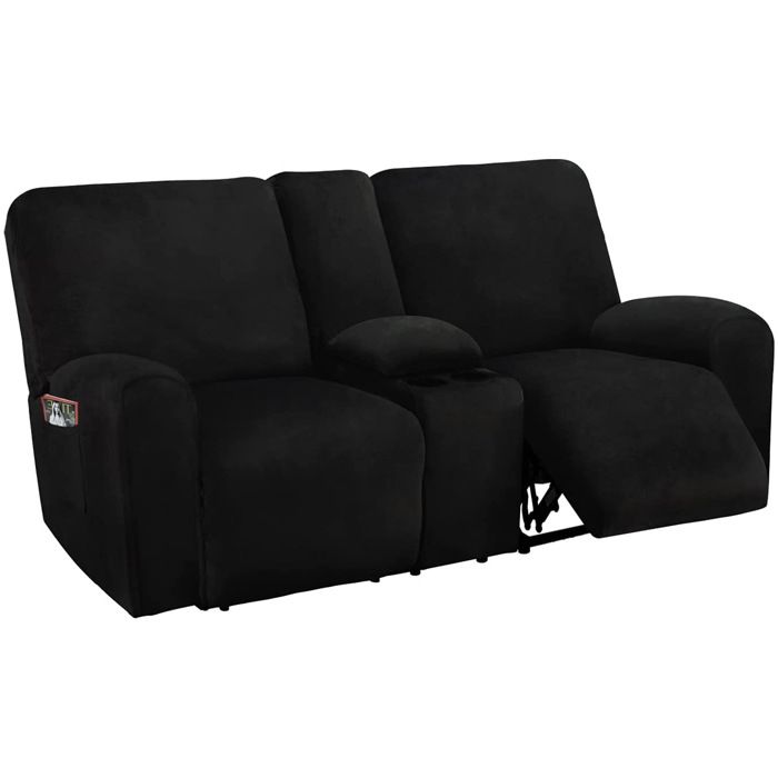 Housses De Canapé Inclinable Avec Housse De Console Centrale 8 Pièces Causeuse En Velours Extensible Noir