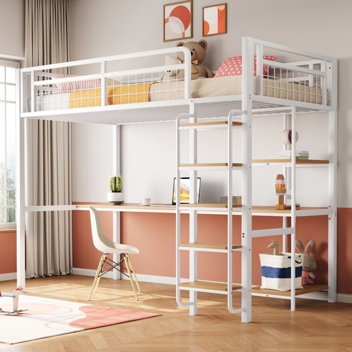 Lit mezzanine enfant 90x200 cm Lit loft en métal avec bureau étagères de rangement échelle et sommiers à lattes - blanc