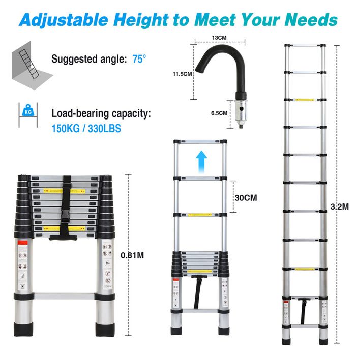Échelle télescopique multi-usages en aluminium de 3,2 m Échelle arrière stable en aluminium jusqu'à 150 kg noire avec crochet | Leroy Merlin