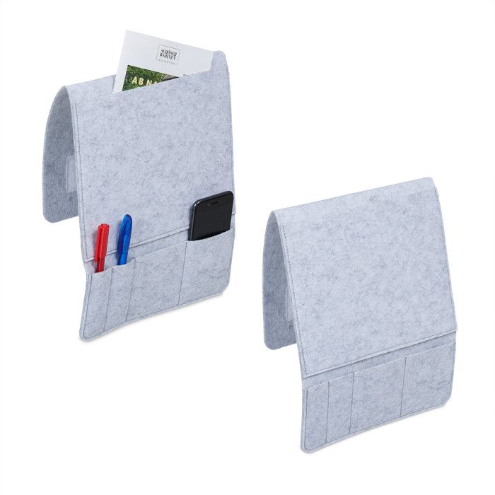Relaxdays Poche de lit lot de 2 en feutre fermeture auto-agrippante pochette chevet 5 compartiments gris clair