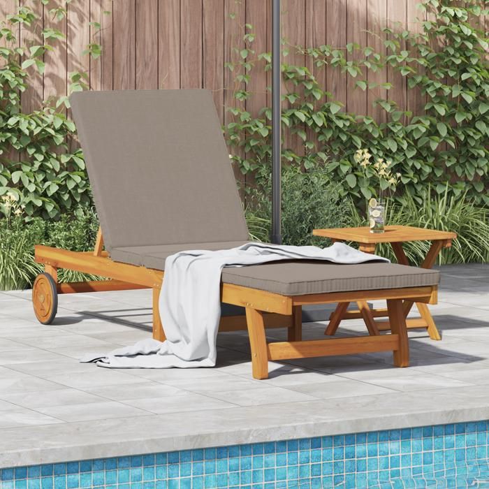 Moderne Transat sur roues Bain de soleil avec table et coussin en bois dacacia @FR(759670)
