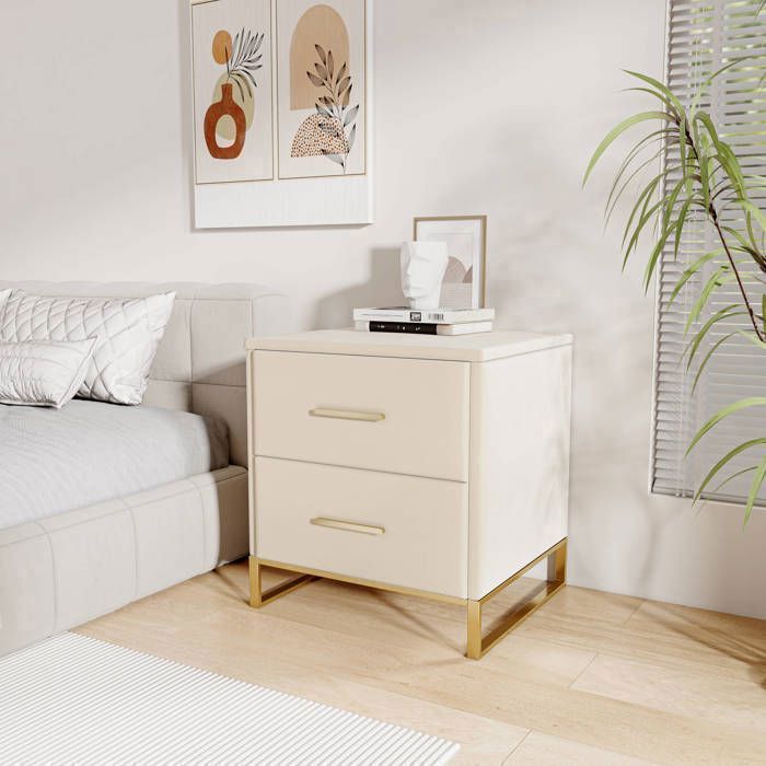 Chevet de lit Lot de 2 en Velours Beige Table de Chevet avec 2 Tiroirs Meuble de ChevetPied en Métal Table dAppoint Salon