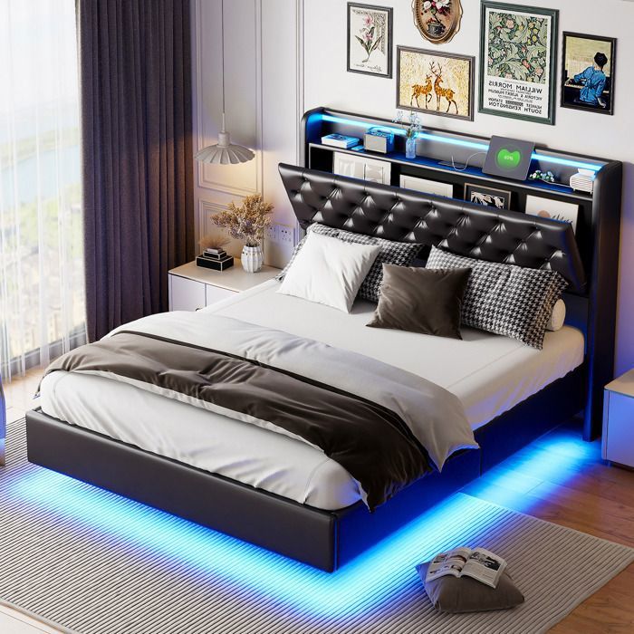Lit coffre 140 x 200 avec LED lit 2 personnes avec sommier rangement caché en tête de lit lit 140x200 avec sommier à lattesnoir