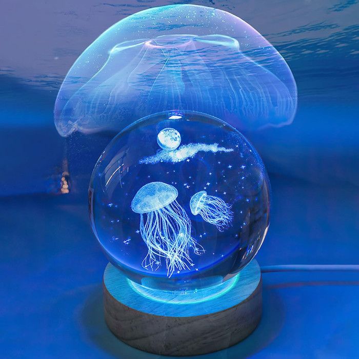 Veilleuse Boule de Cristal 3D 6cm USB Lampe de Nuit Boule de Verre avec Base en Bois Lampe Boule de Cristal Lumineuse Dauphin