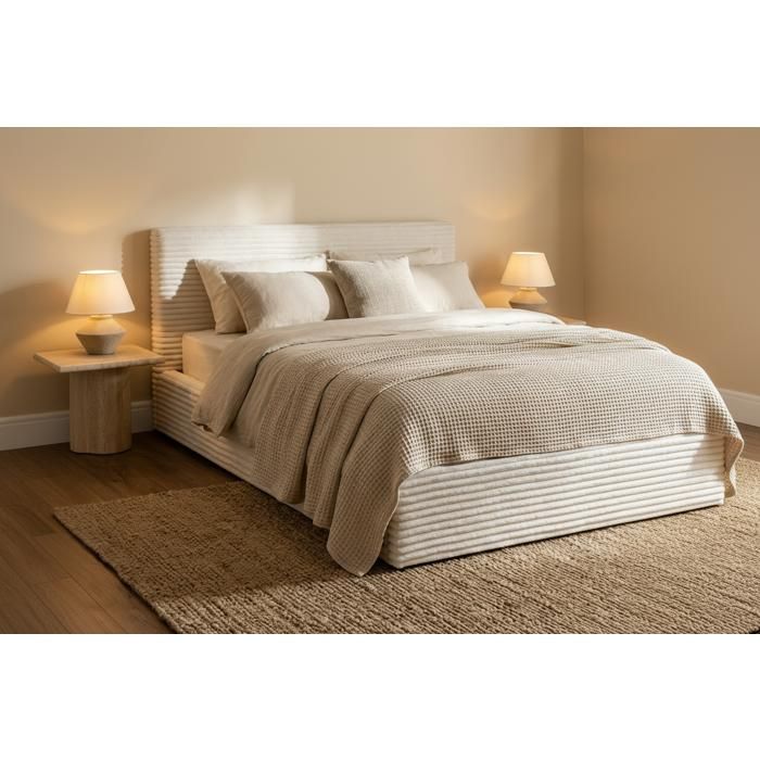 Lit Coffre 160x200cm Velours Côtelé Écru avec Sommier MAIA