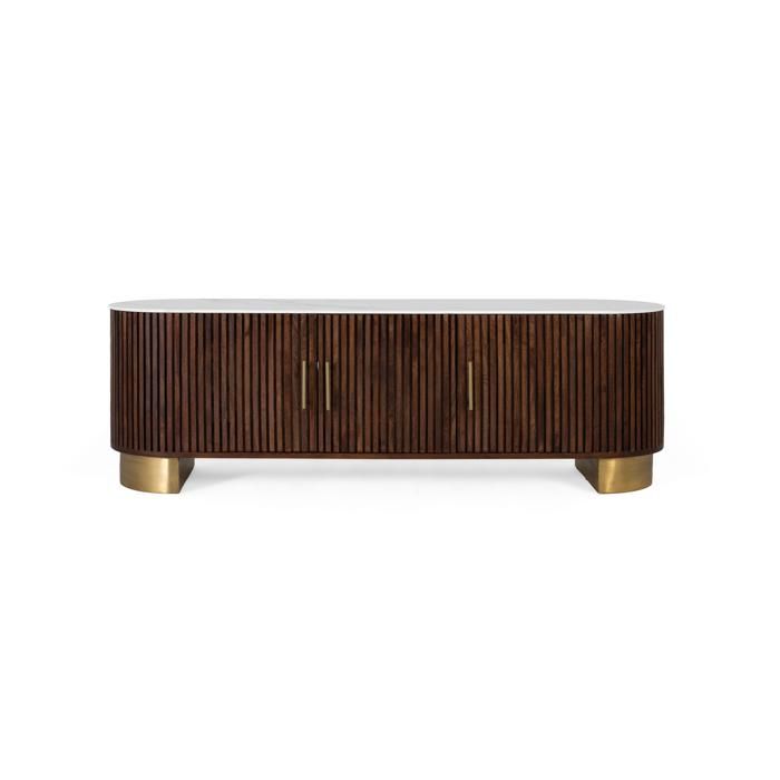 Meuble TV en bois de manguier - 160 cm - Côtés incurvés - Marbre synthétique blanc - 3 portes - Passe-câbles Meuble TV en bois de manguier - 160 cm - Côtés incurvés - Marbre synthétique blanc - 3 portes - Passe-câbles