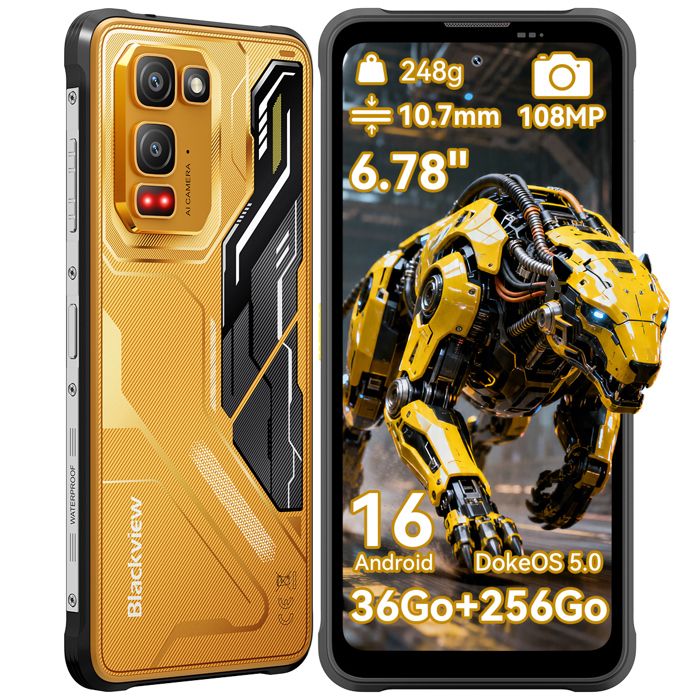 BLACKVIEW  Fort 5 Android 16 T&eacute;l&eacute;phone Portable Incassable6.78 36Go+256Go 120Hz108MP+50MP+13MPIP69K/NFC - Jaune