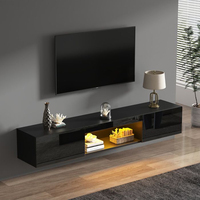 Meuble TV - NEXU - jusquà 70 pouces - 2 portes étagères ouvertes éclairage LED - MDF - 160 x 31 x 22 cm - noir