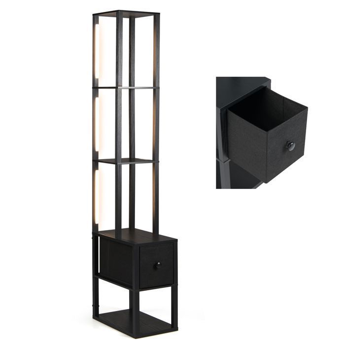 Lampadaire sur Pied avec 3 Étagères COSTWAY-Table dAppoint avec Tiroir en Tissu-Éclairage LED Chaud Réglable-Poteaux 360°-3 Clips