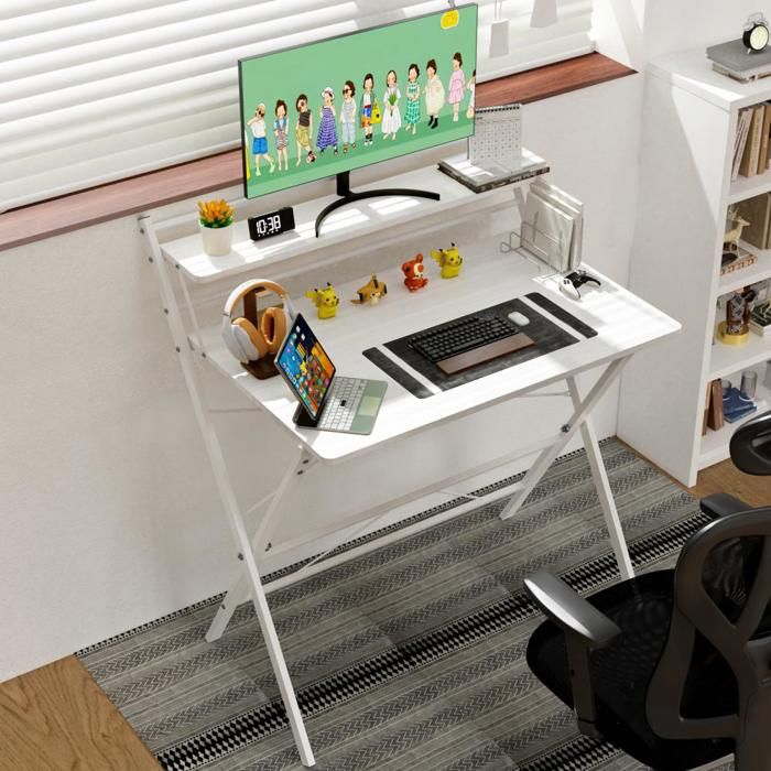 SUPFINE Bureau dOrdinateur Pliable Table décriture avec Petit Étagère Surélevée et Pieds en Forme X 80×50×75cm Blanc