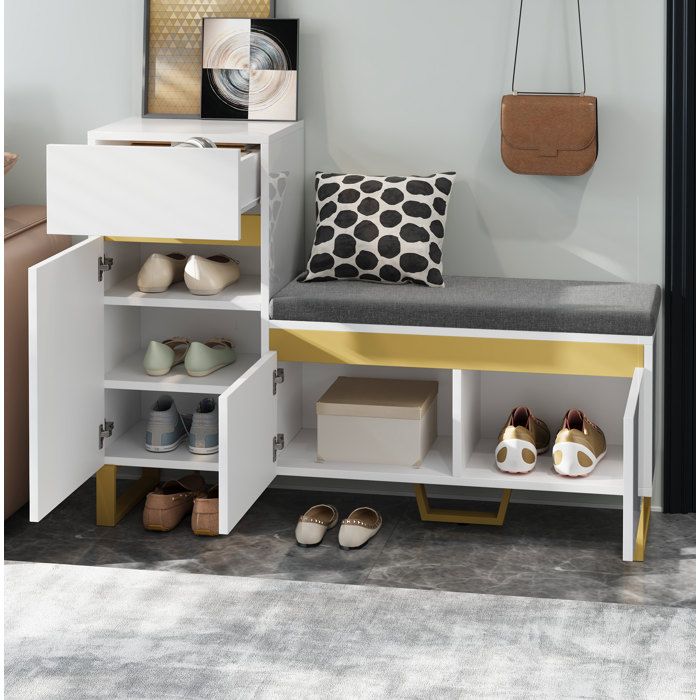 Meuble à chaussures avec banc rembourré et tiroir. meuble entrée 120x35x85 cm. accents dorés. MDF blanc laqué