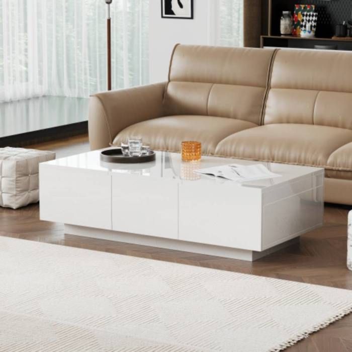 Table basse 100x50x31 cm. 2tiroirs coulissants + 2 rangements cachés. blanc brillant.table de salon de chambre à coucher