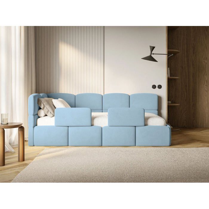 Lit enfant – CLOUDY – 120x200 cm – tête de lit à gauche – matelas & coffre de rangement – velours bleu clair