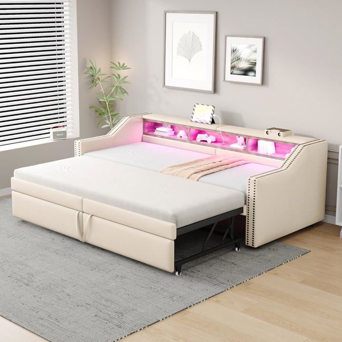 Canapé-lit 90/180x200cm lit capitonné avec compartiment de rangement canapé-lit gigogne avec lumière LED et prise USB Beige