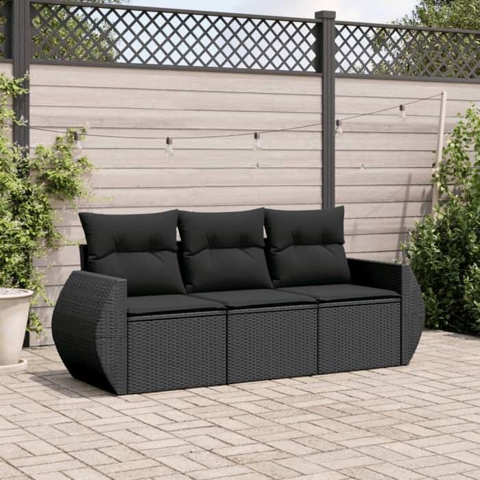 NEW 2026 Salon de jardin lot de 3 Meuble pour 2 personnes avec coussins noir résine tressée 55x62x69 cm S2399