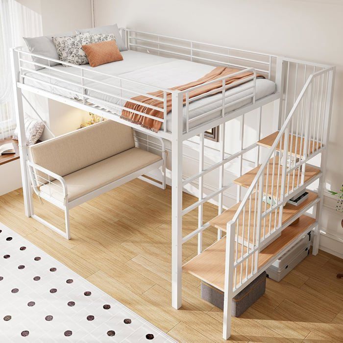 Lit mezzanine 140x200cm avec canapé rembourré amovible escalier de sécurité Cadre de lit en Fer avec espace de rangement blanc