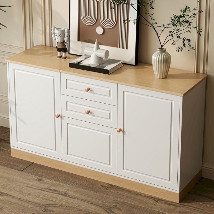 Buffet Bas Moderne 135.5x39x76 cm avec 2 Tiroirs 3 Portes et Poignées Dorées - pour Salon Salle à Manger - Blanc et Bois Naturel