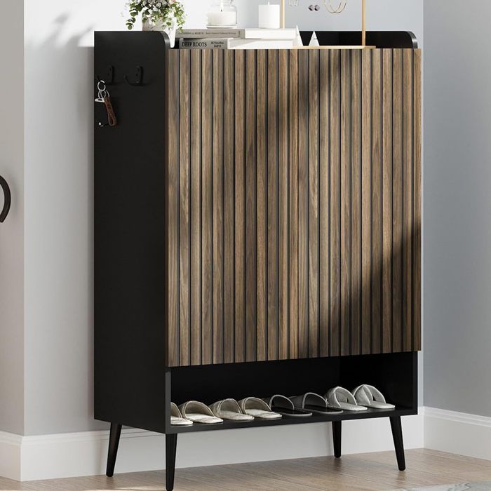Meuble à Chaussures à Portes Armoire à Chaussures 6 Niveaux Grand Range-Chaussures Commode à Chaussures Noir et bois naturel