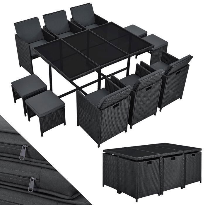 Salon de jardin Baracoa XL 11 pièces en polyrattan – ensemble repas extérieur noir