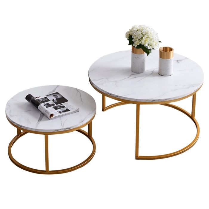 Table basse ronde - Bois Marbre et Pieds Métal - Table basse gigogne - D 80/60 cm x H 45/33 cm - Blanc